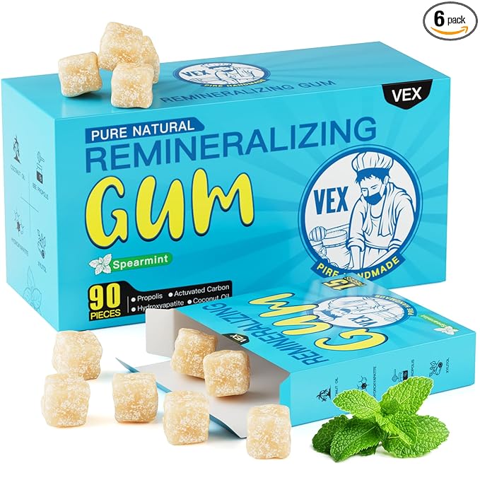 VEX Remineralizing Gum with Nano Hydroxyapatite Supports Fresh Breath and Oral Health, Xylitol Handmade Chewing Gum for Enamel Protection Sugar Free Aspartame Free Gluten Free (90, Mastic Mint)