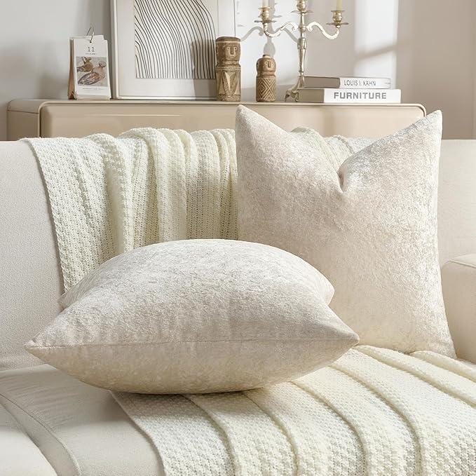 FUTEI Cream Flannel Throw Pillow Covers 24x24 Inch Set of 2,Soft Dimensional Textured European Cushion Cases,Modern Home Decor for Couch Living Room