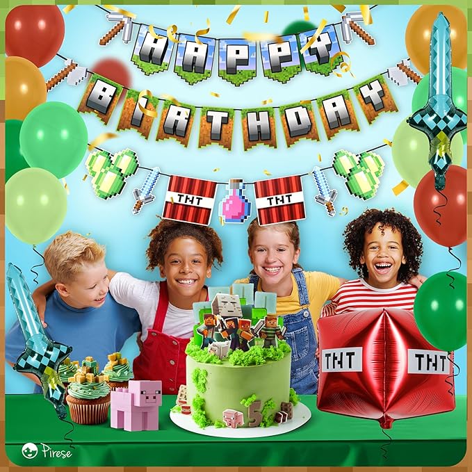 Pirese Pixel Birthday Decorations – Pixel Happy Birthday Banner with Balloons, Pre-Strung Retro Video Game Birthday Party Supplies Kit