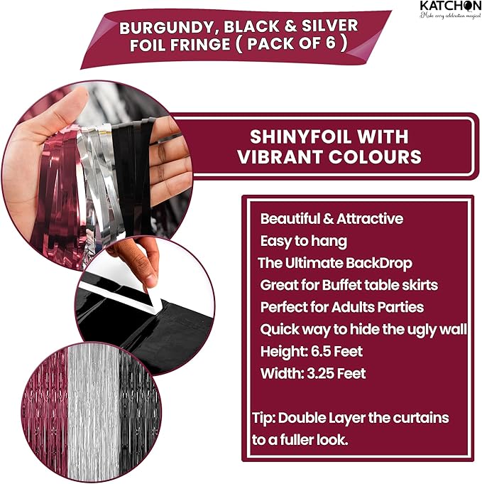 KatchOn, Burgundy Black and Silver Foil Fringe Curtains – Pack of 6 | Tinsel Backdrop for Bridal Shower, Bachelorette Party Decorations | Streamer Backdrop for Christmas, Halloween Decorations Indoor