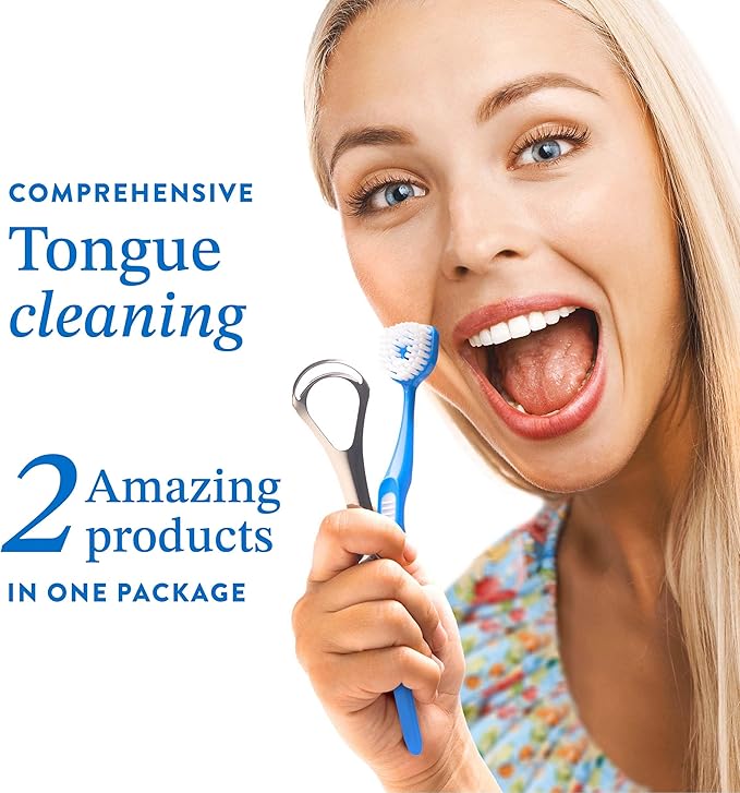 Mouthology Tongue Brush & Tongue Scraper (Combo Pack), Reduce Bad Breath & Improve Oral Hygiene, Tongue Scraper Brush for Adults Ergonomic Handle & Protective Cap, Tongue Cleaner