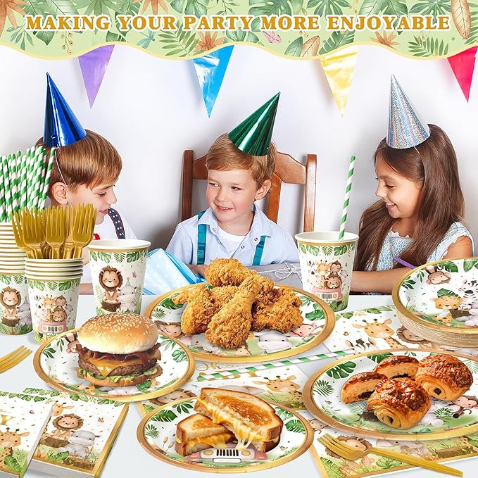 144 Pcs Safari Baby Shower Plates and Napkins (Serves 24 Guests), Plates Napkins Cups Straws and Forks Sets, Party Supplies, Jungle Safari Baby Shower Decorations