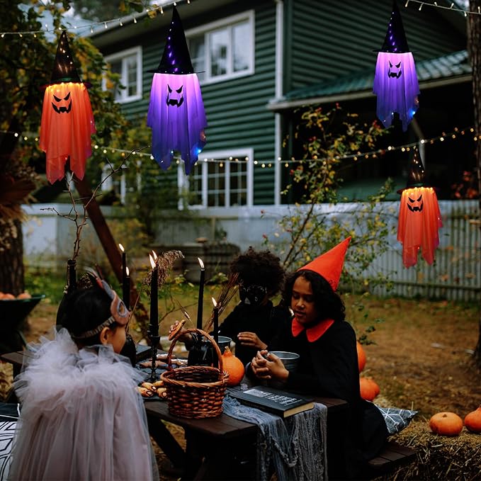BokingOne Halloween Decoration 2 Pcs Large Halloween Lighted Glowing Ghost Witch Hats, Hanging Ghost Ornaments for Indoor Outdoor Home, Garden, Tree, Yard Party Decor