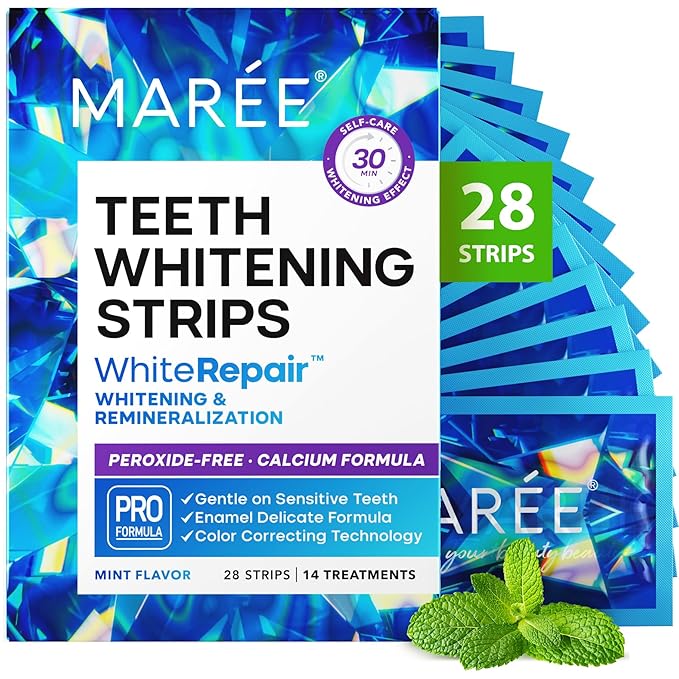 MAREE Teeth Whitening Strips with Mint Flavor - Comfortable for Sensitive Teeth - Calcium Formula for Gentle Dental Care & Fresh Breath - Pack of 28