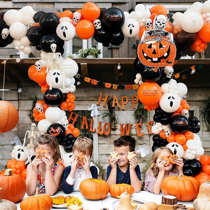 Halloween Balloons Decorations, Pumpkin Skull Balloon Black Orange White Balloon Garland Arch Kit Ghost Balloon for Scary Horror Outdoor Indoor Haunted Halloween Birthday Party Decoration Supplies