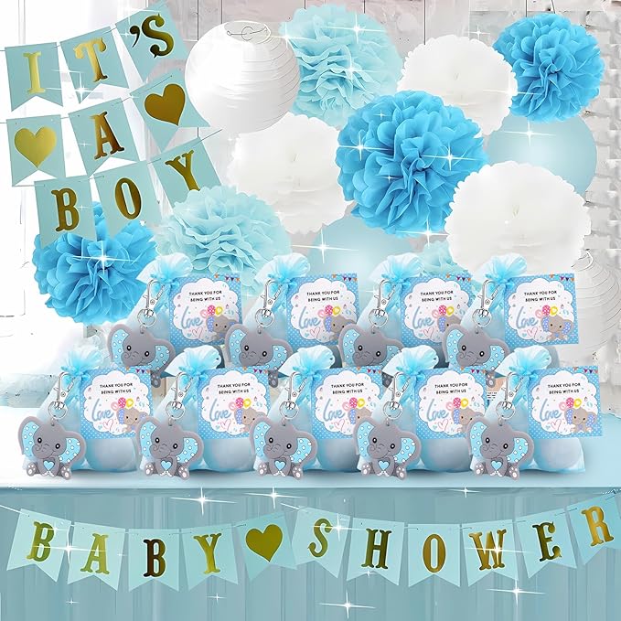 HozHoy 40 Sets Baby Shower Favors for Boys, Guests Gifts Including Elephant Keychains Decorations, Drawstring Bags, Thank You Cards