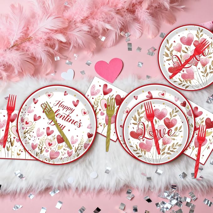Rakuto Valentines Day Plates and Napkins Decorations, 96PCS Galentines Love Hearts Flower Party Tableware Decoration, Valentine's Day Sweet Love Dinner Forks Decor for Wedding Kitchen Dinner Supplies