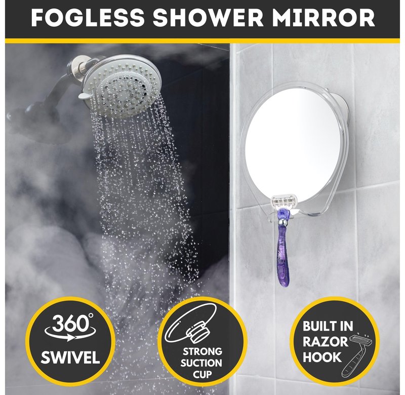 HONEYBULL Fogless Shower Mirror with Suction Mount & Swivel – Anti-Fog Acrylic Bathroom Mirror for Shaving – Built-in Razor Holder, Easy Install, Home Shower Accessory (White)