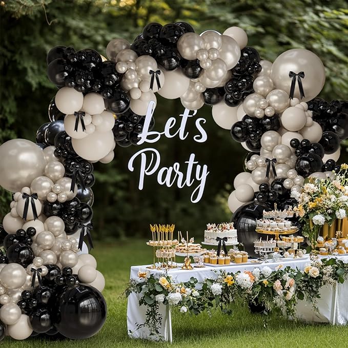 Black and White Champagne Bow Balloon Arch Kit Double-stuffed Pearl Beige Cream Balloons for 2025 Graduation, Prom, Martini Birthday,Bridal Shower, Wedding,Coquette Bride Party Decorations