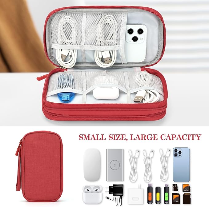 FYY Electronic Organizer, Travel Cable Organizer Bag Pouch Electronic Accessories Carry Case Portable Waterproof Double Layers Storage Bag for Cable, Cord, Charger, Phone, Earphone, Medium Size, Red