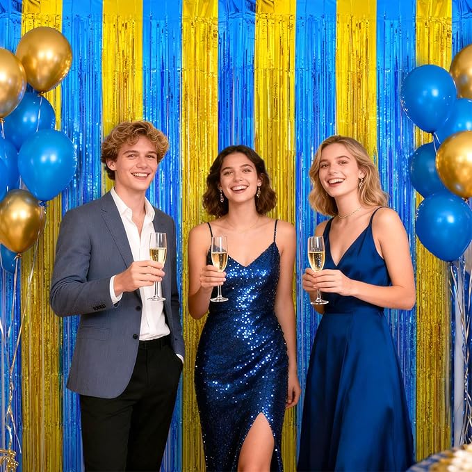 jijAcraft 3 Pack Blue Gold Tinsel Foil Fringe Curtain, Graduation Party Photo Backdrop, Metallic Blue Gold Foil Streamers for Graduation Prom School Decor Boy Birthday Office Party Decorations