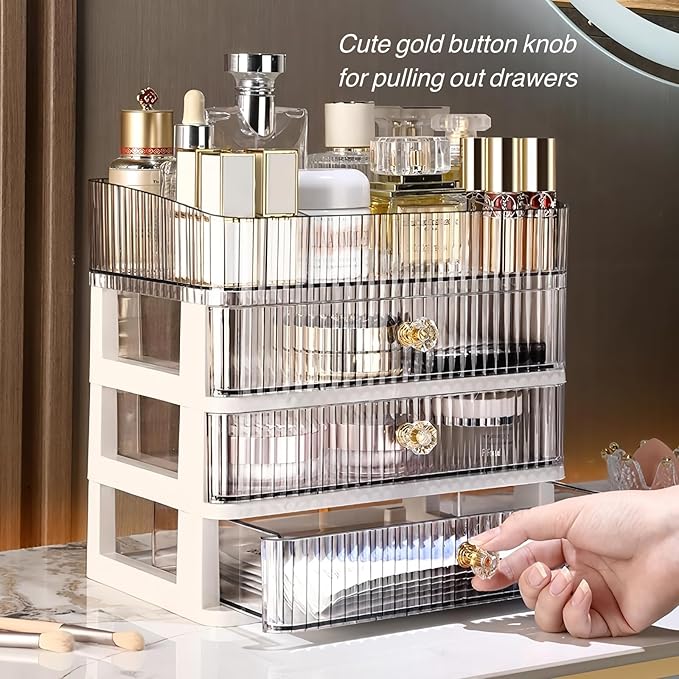 Simbuy Clear Makeup Organizer with 3 Drawers, Bathroom Organizer and Storage, Ideal for Desk and Dresser Vanity Countertop, Great for Cosmetics, Skincare, Perfume,Toiletry
