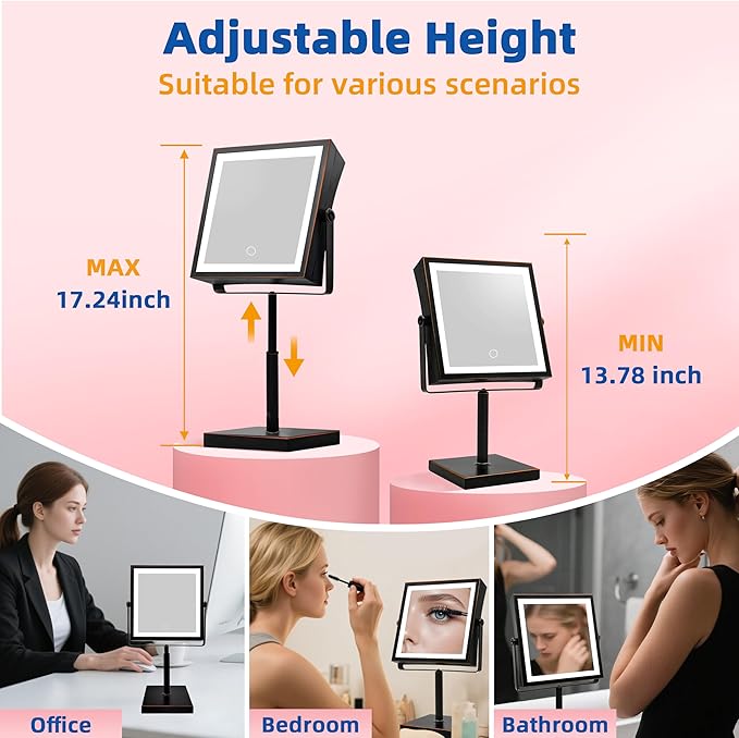 Ruacq Rechargeable Makeup Mirror, 4000mAh Lighted Makeup Mirror with Magnification 1X/10X, Height Adjustable Vanity Mirror with Lights, 3 Color Lights, Adjustable Brightness, (Oil Rubbed Bronze)