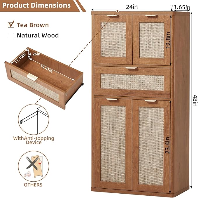 LEYAOYAO 48" Tall Storage Cabinet Set of 2,Rattan Bathroom Floor Cabinets with 4 Doors & 1Drawer,Boho Kitchen Pantry with Adjustable Shelves,Wooden Cupboard for Living Room,Home Office,Brown