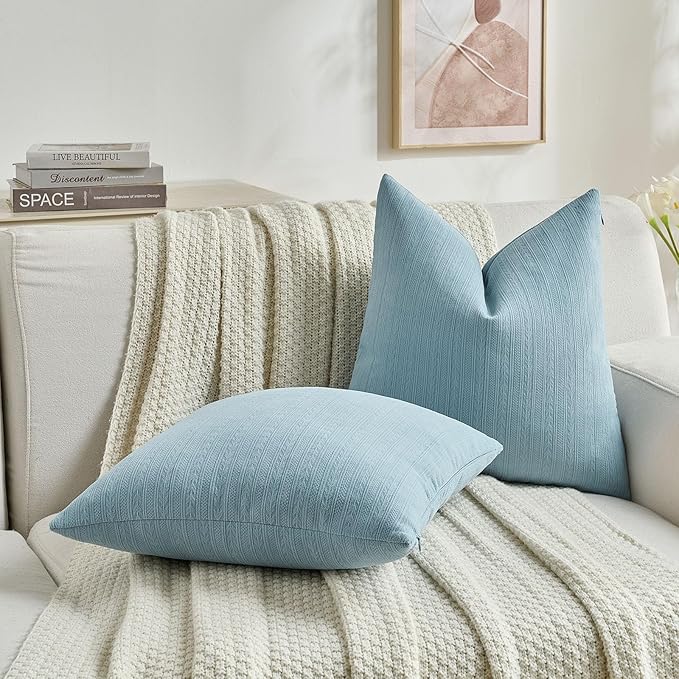FUTEI Denim Blue Decorative Throw Pillow Covers 26x26 Inch Set of 2,Soft Cozy Wheat Ear Striped Patterns Euro Pillow Shams,Modern Home Decor for Couch Bed Living Room