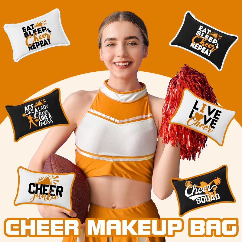 Pinkunn 20 Pcs Cheer Makeup Bags Bulk Cheer Team Gifts for Women Canvas Makeup Case Cheerleader Teams Gifts Zipper Cosmetic Pouch for Cheerleading Party Favors Supplies(Orange)