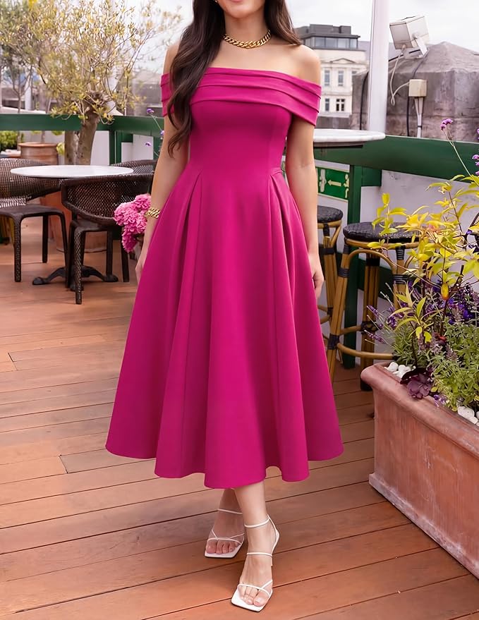 ZESICA Summer 2026 Cocktail Dresses for Women's Off Shoulder Short Sleeve Swing A Line Wedding Evening Party Midi Dress