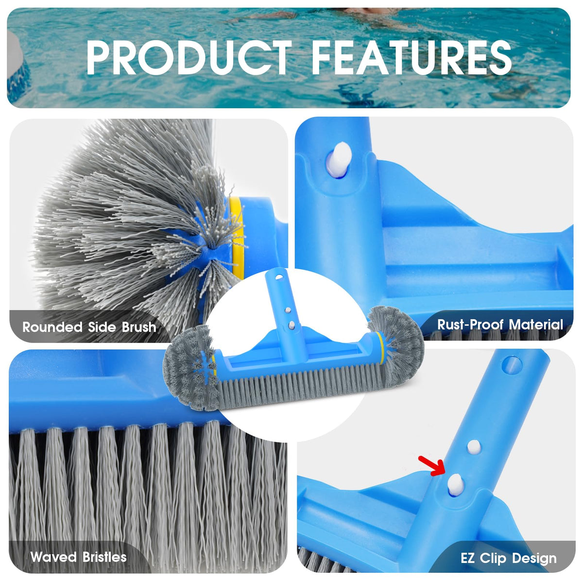 TidyMister 3PCS Cleaning Kit - 12.5'' Brush With Round End & 11'' Skimmer Net Fine Mesh & 5.7 Feet Thick Aluminum Pole 5-Segment, for Above Ground & Inground Pools Ponds