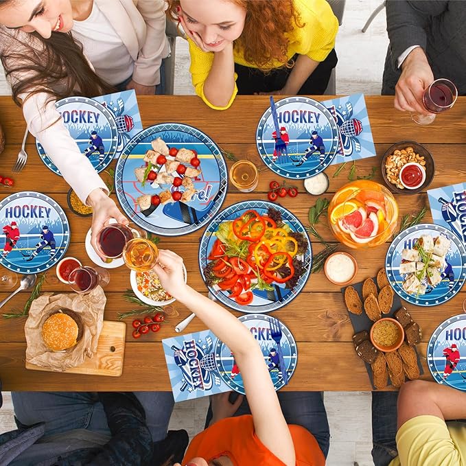 Rakuto Hockey Birthday Decorations Supplies, 96PCS Disposable Hockey Paper Plates and Napkins Forks, Sports Party Baby Shower Decor Tableware Set Dinnerware (24 Guests)