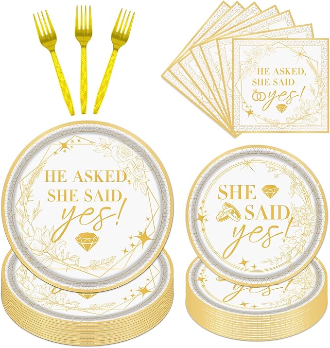 Rakuto Engagement Party Tableware Decorations, 96PCS She Said Yes Disposable Plates and Napkins Forks Set, Bridal Shower Wedding Plates and Napkins Dinnerware Sets