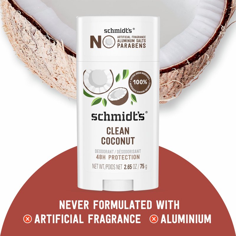 Schmidt's Aluminum-Free Vegan Deodorant Clean Coconut for Women and Men, with 24 Hour Odor Protection, Natural Ingredients, Cruelty-Free, 2.65 oz (Pack of 2)