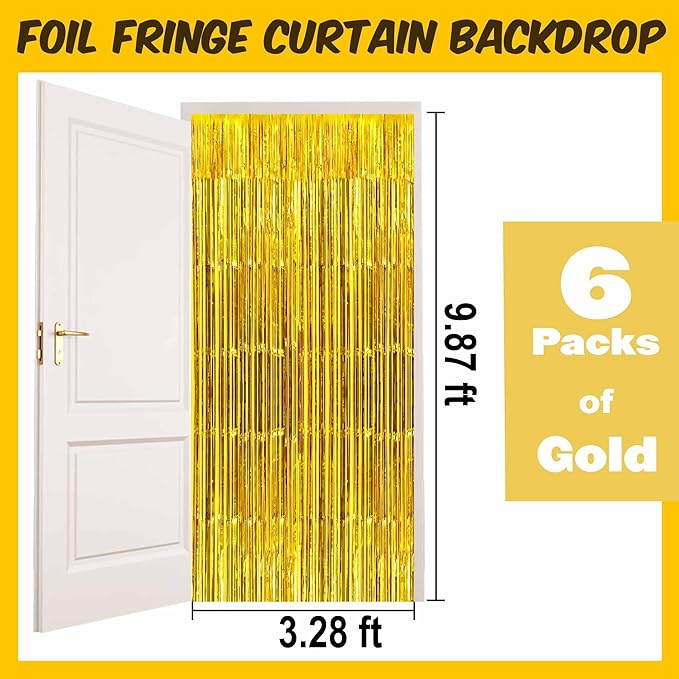 6 Pack Gold Foil Fringe Curtains Backdrop, 3.28 x 9.8 Ft Metallic Streamers Tinsel Curtains Background for Photo Booth, Birthday, Halloween, Christmas, Thanksgiving, New Year Party Decorations