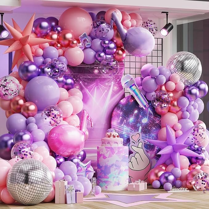 K pop Music Hunter Theme Birthday Decorations,Pink and Purple Balloon Garland Arch Kit with Music Note Disco Ball Exploding Star Foil Balloons for K pop Movie Theme Birthday Singer Party Decoration