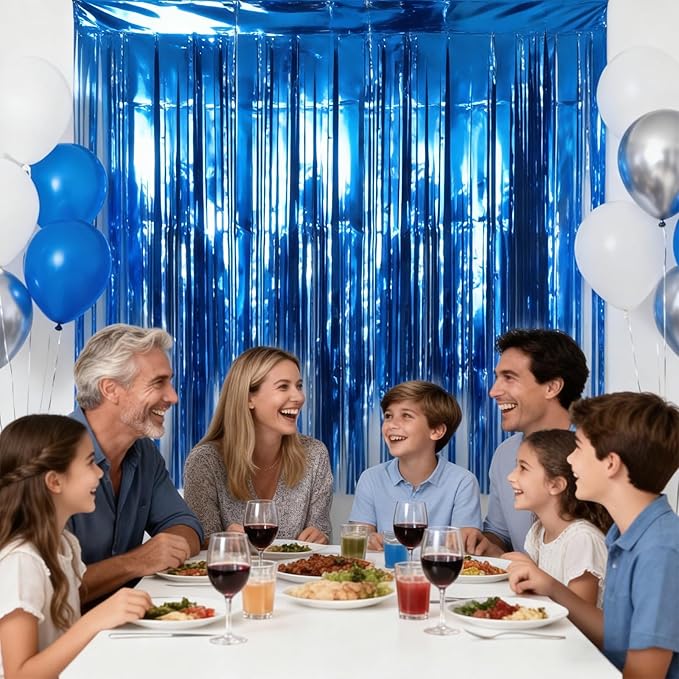 jijAcraft 3 Pack Metallic Blue Tinsel Foil Fringe Curtain, Party Photo Backdrop, Lake Blue Streamers for Ocean Themed Mermaid Under the Sea Party Boy Birthday Baby Shower Graduation Decorations