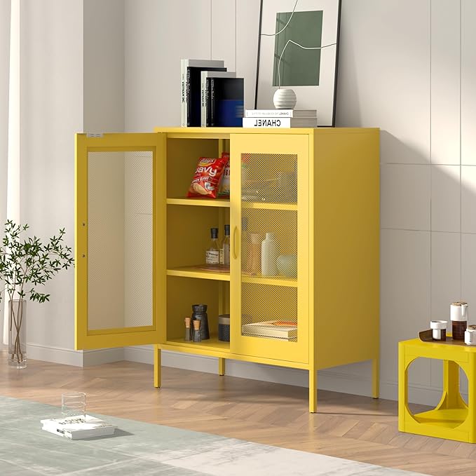 Yellow Metal Storage Cabinet with Mesh Doors, Office Metal Locker Cabinet, Metal Display Cabinet with 2 Adjustable Shelves for Home, Office, Kitchen