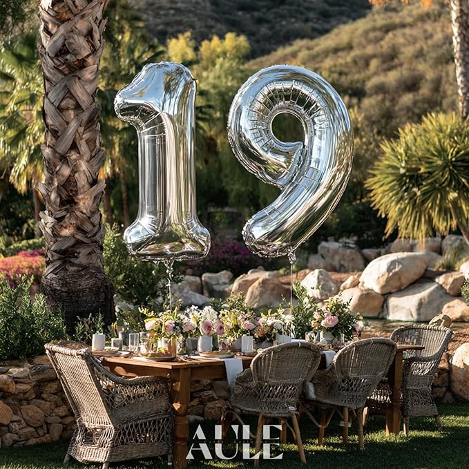 AULE 40 Inch Large 19 Balloon Numbers Silver, Big Foil Number Balloons, Giant Helium Happy 19th Birthday Party Decorations for Boy and Girl, Huge Mylar Anniversary Party Supplies