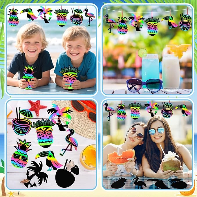 JULMELON 36 PCS Luau Crafts for Kids, Rainbow Scratch Art for Kids Luau Party Favors DIY Magic Color Tropical Hawaiian Scratch Cards for Summer Hawaiian Party Favors School Activities Luau Games