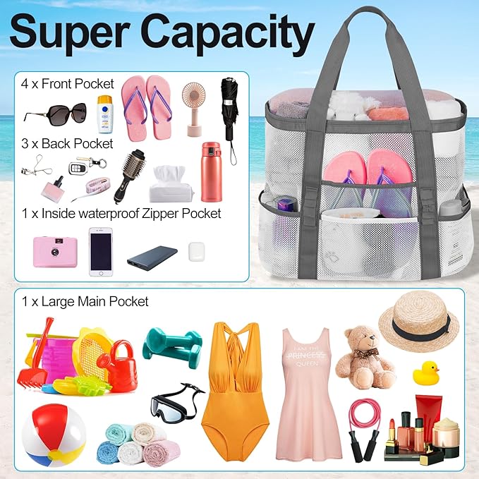 Mesh Beach Bags for Family - Women Beach Tote Bag for Toys, Towels, Travel Vacation Cruise Essentials