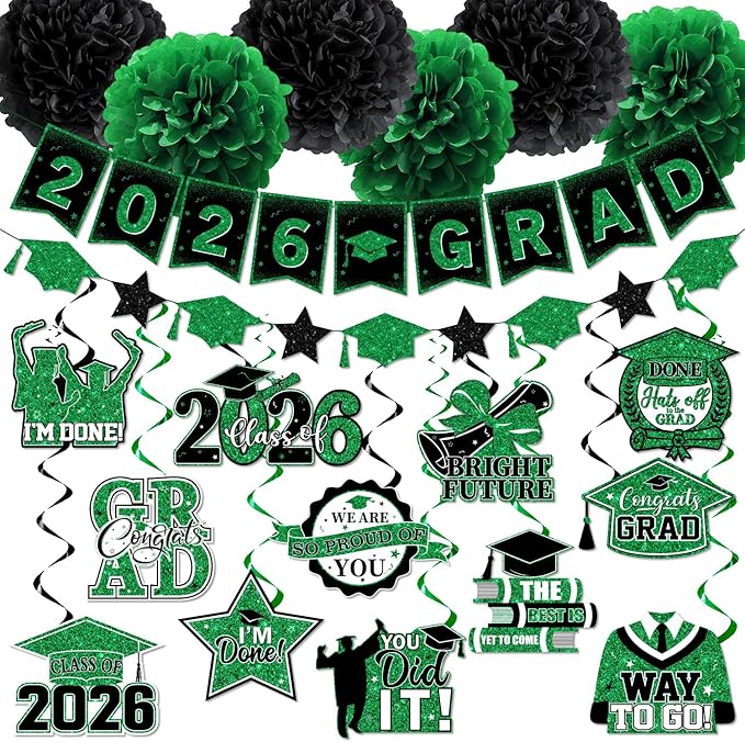 Green Graduation Decorations 2026, 2026 Grad Banner and Congrats Grad Hanging Swirls, Green and Black Graduation Banner Graduations Hanging Swirls College Graduations Party Decorations Class of 2026
