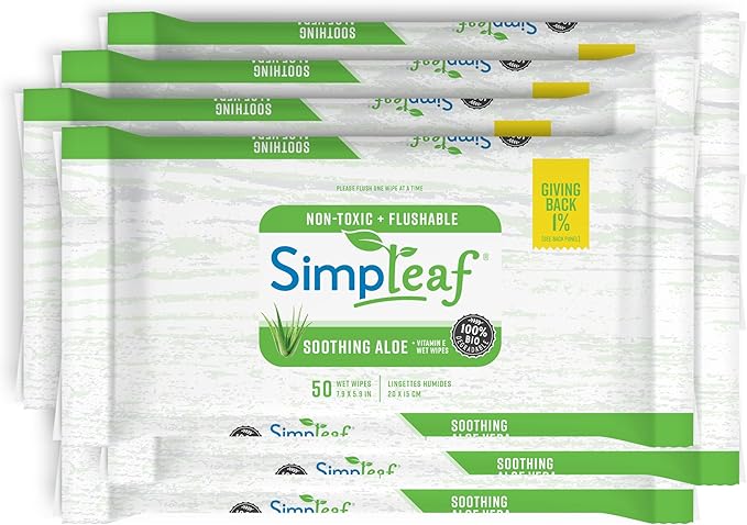 Simpleaf Flushable Wet Wipes Aloe Vera | Plastic Free, Paraben & Alcohol Free | Hypoallergenic & Safe for Sensitive Skin | Soothing Aloe Formula | Adult Toilet Wipes (6 x 50 Counts Pack) 300 Counts