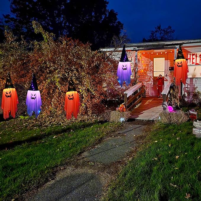 BokingOne Halloween Decoration 2 Pcs Large Halloween Lighted Glowing Ghost Witch Hats, Hanging Ghost Ornaments for Indoor Outdoor Home, Garden, Tree, Yard Party Decor