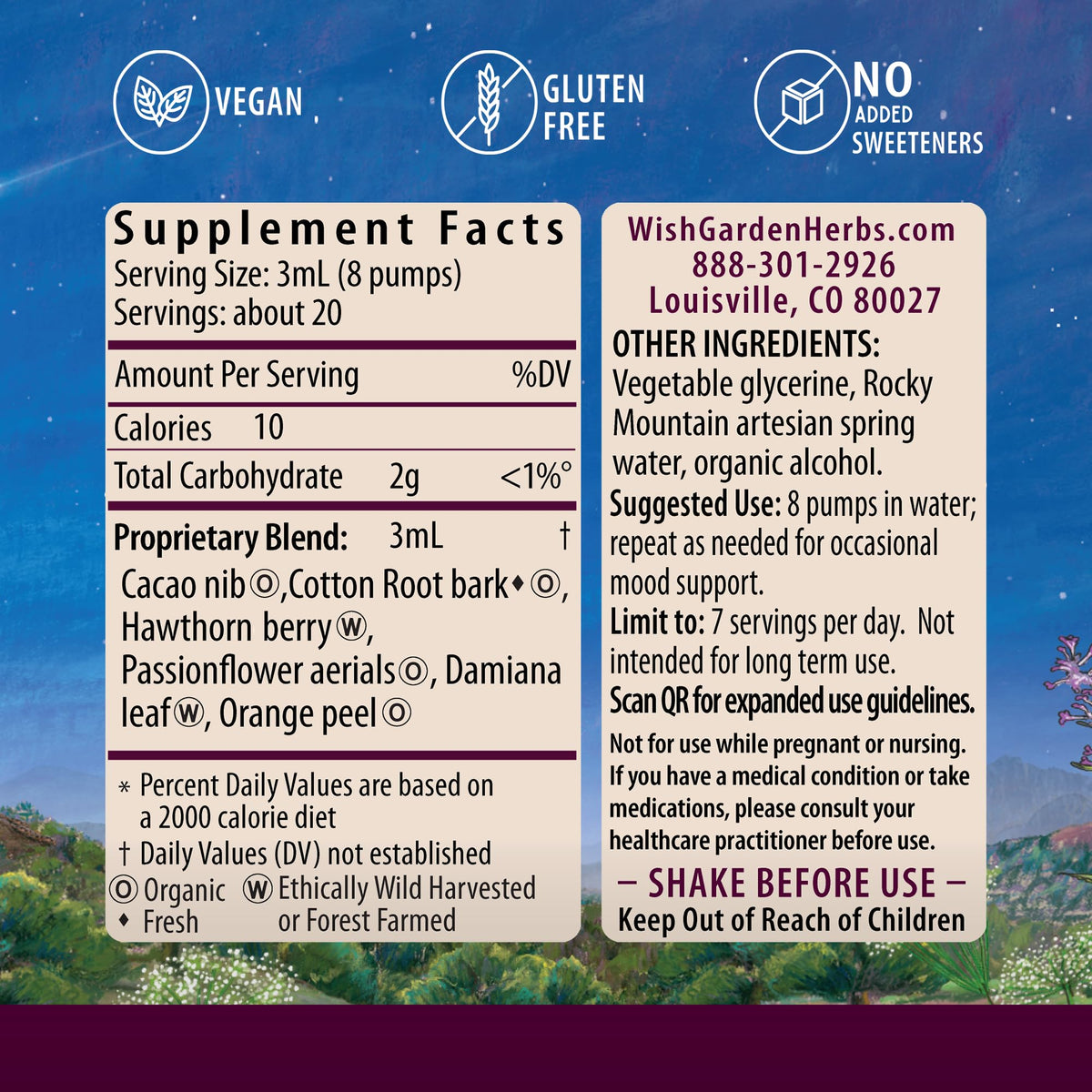 WishGarden Herbs Liquid Bliss, Mood Support Supplement, Passionflower, Cacao & Damiana, Uplifts Mood, Eases Daily Stress, Fast-Absorbing Liquid Tincture, 2 fl oz