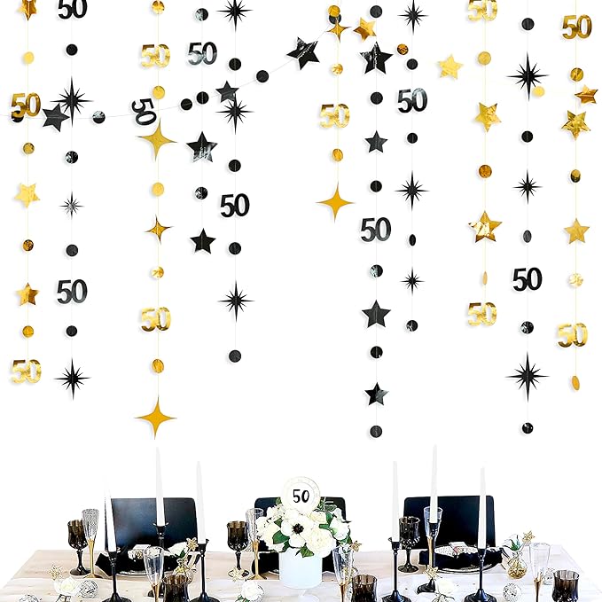 Black Gold 50th Birthday Decorations Number 50 Circle Dot Twinkle Star Garland Metallic Hanging Streamer Banner Backdrop for Women Mens 50 Years Old Birthday Happy 50th Anniversary Party Supplies