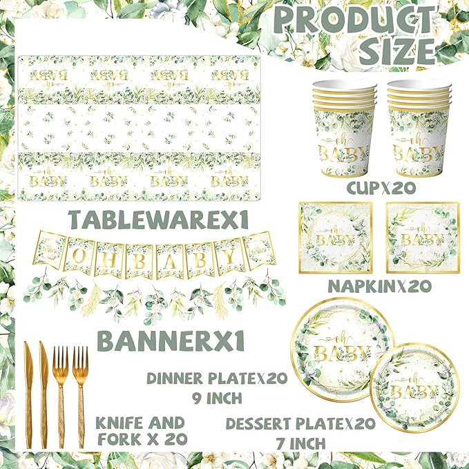 Sage Greenery Baby Shower Plates and Napkins Tableware Set Gender Neutral Baby Shower Decorations Oh Baby Plates and Cups and Napkins Sets Serves 24 for Baby Girl Boy Shower Decorations