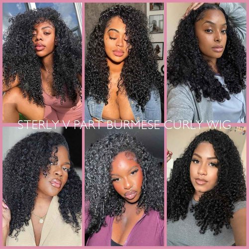 sterly V Part Wig Human Hair Glueless No Leave Out Upgrade U Part Wigs Burmese Curly Wig with Spiral End Deep Curly Wigs For Women Full Head Clip In Half Wigs 200% Density16inch