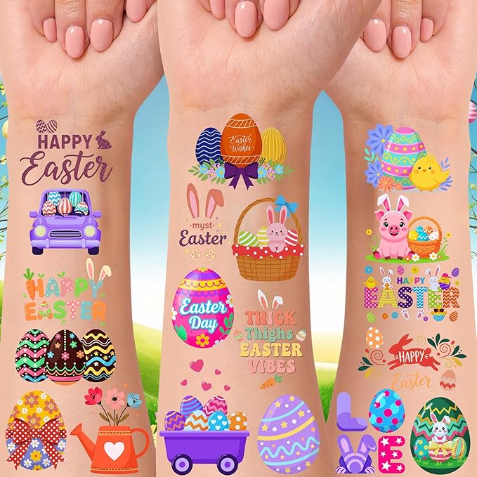 160PCS Easter Day Temporary Tattoos Stickers | Spring Easter Day Party Favors Basket Stuffers Party Supplies Holiday Decorations Eggs Bunny Flower Craft Gift Idea For Kids Boy Girl Teen Adult-8Sheets