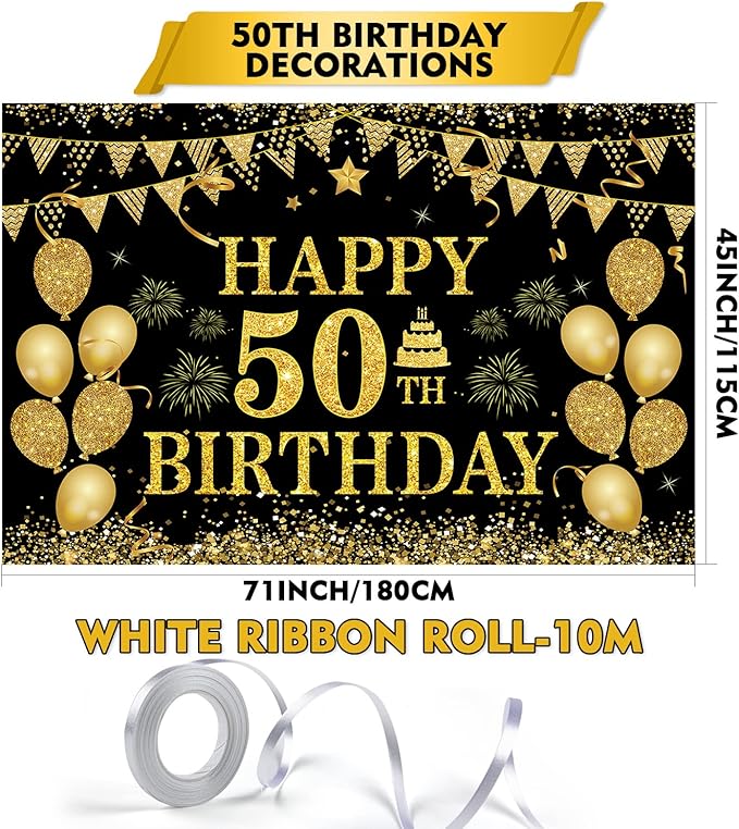 50th Birthday Decorations for Men Women - Happy 50th Birthday Banner Party Decorations Black Gold 50 Years Birthday Party Suppiles Background for Home Outdoor Birthday Decor(71 x 45 inch)