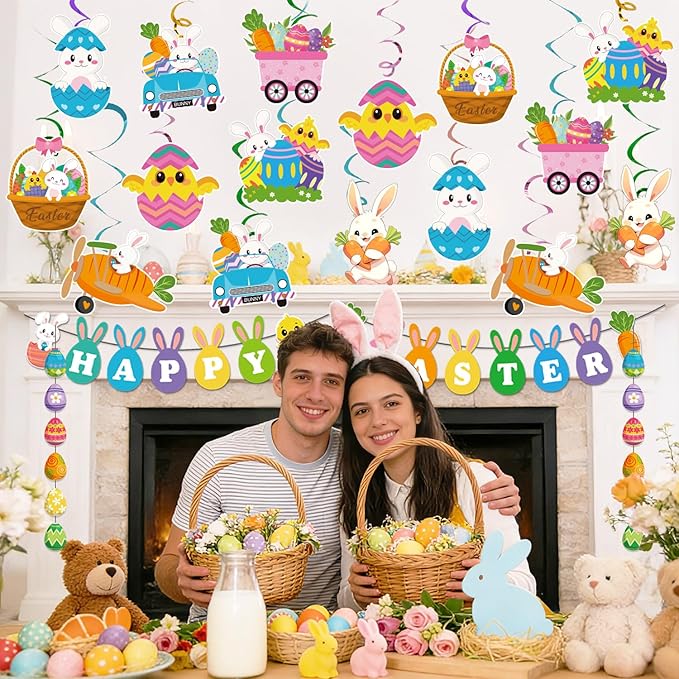 25Pcs Easter Decorations Set with Happy Easter Banner, Easter Egg Garland, Pompoms & Hanging Swirls for Home, Classroom, Easter Party Decorations Indoor