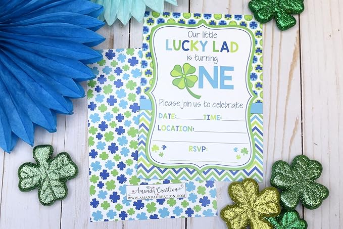 Lucky Lad First Birthday Clover St. Patrick’s Day Party Invitations for Boys, 20 5x7 Fill In Cards with Twenty White Envelopes by AmandaCreation