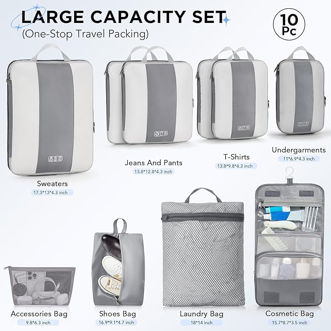 10 Set Compression Packing Cubes for Travel Essentials,Compressible Expandable Packing Cubes for Suitcase,OlarHike Luggage Organizer Bags for Travel,Handy Helper for Organizing Clothes(Gray)