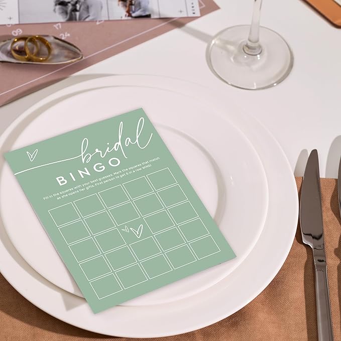 Bridal Bingo Game Cards, Sea Green Bridal Shower Games, 30 Elegant Wedding Game for Bachelorette Engagement Party Reception Supplies - A15