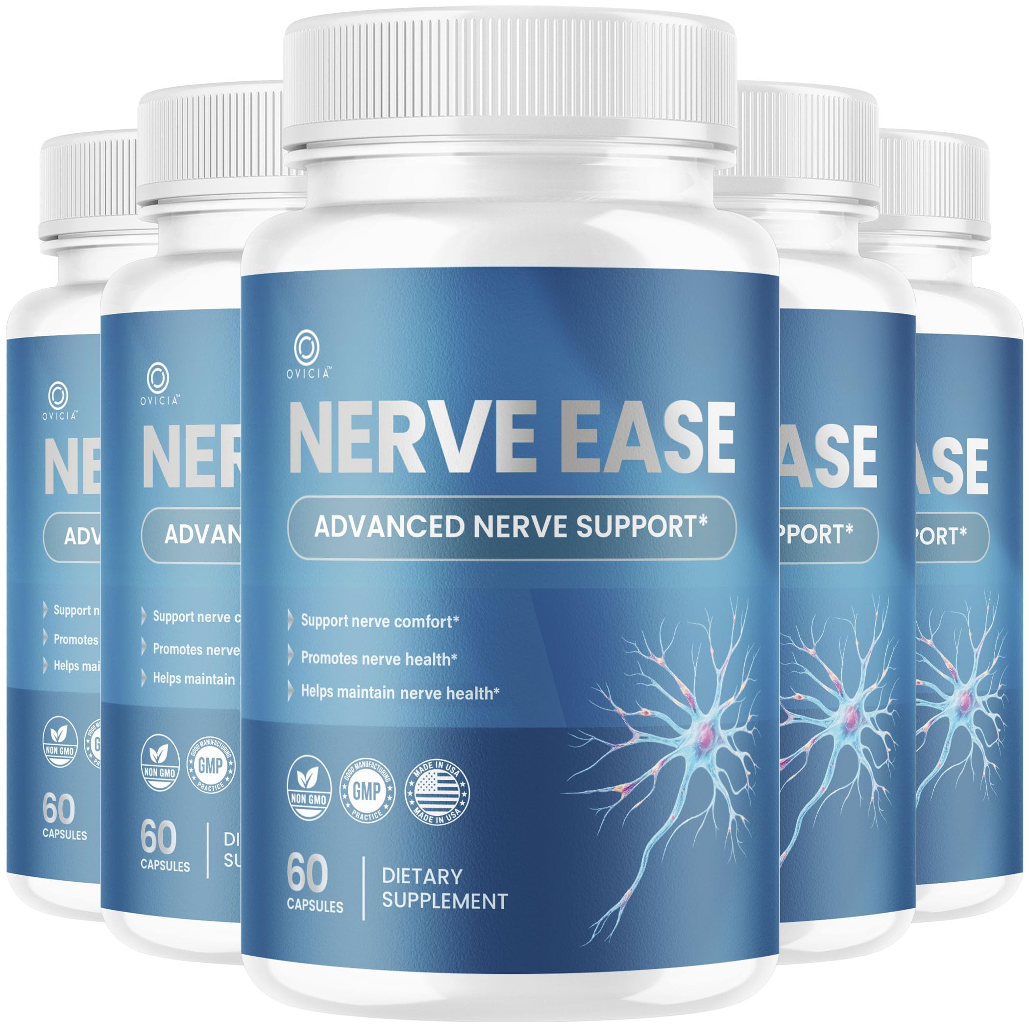 (5 Pack) Nerve Ease Capsules - Nerve Ease Advanced Nerve Support Pills, NerveEase Support Maximum Strength All Natural Premium Formula for Overall Health & Wellness, 300 Capsules for 5 Months