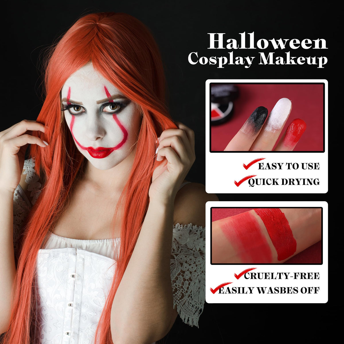 VANERIA Clown Makeup Halloween, Black White Red Cream Face Body Paint for Halloween, SFX Makeup Set with Vampire Teeth & Fake Blood, Clown Art Theater With Brushes