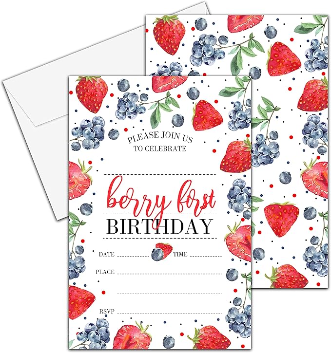 Birthday Invitations, 4"x6" Berry First Strawberry and Blueberry Birthday Party Invitations with Envelopes for Baby Girl 1st Birthday Party Decorations Supplies(20 Pieces)-C05