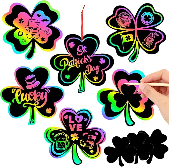JULMELON 36 PCS St. Patrick’s Day Shamrocks Scratch Crafts Bulk Rainbow Magic Scratch Art for Kids DIY Handmade Saint Patrick’s Day Crafts for Kids St Patricks Day Classroom Party Favors Gift Tag