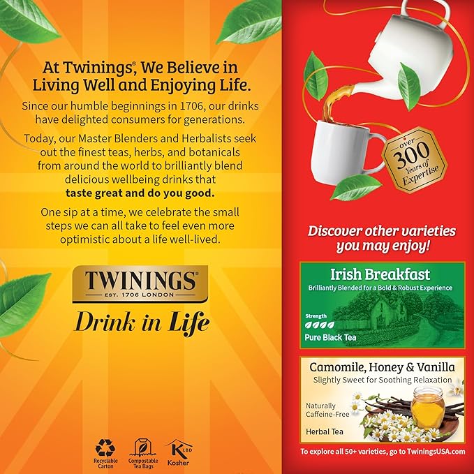 Twinings English Breakfast Black Tea Individually Wrapped Bags, 25 Count (Pack of 6), Flavourful, Robust Black Tea, Caffeinated, Enjoy Hot or Iced, 150 Teabags